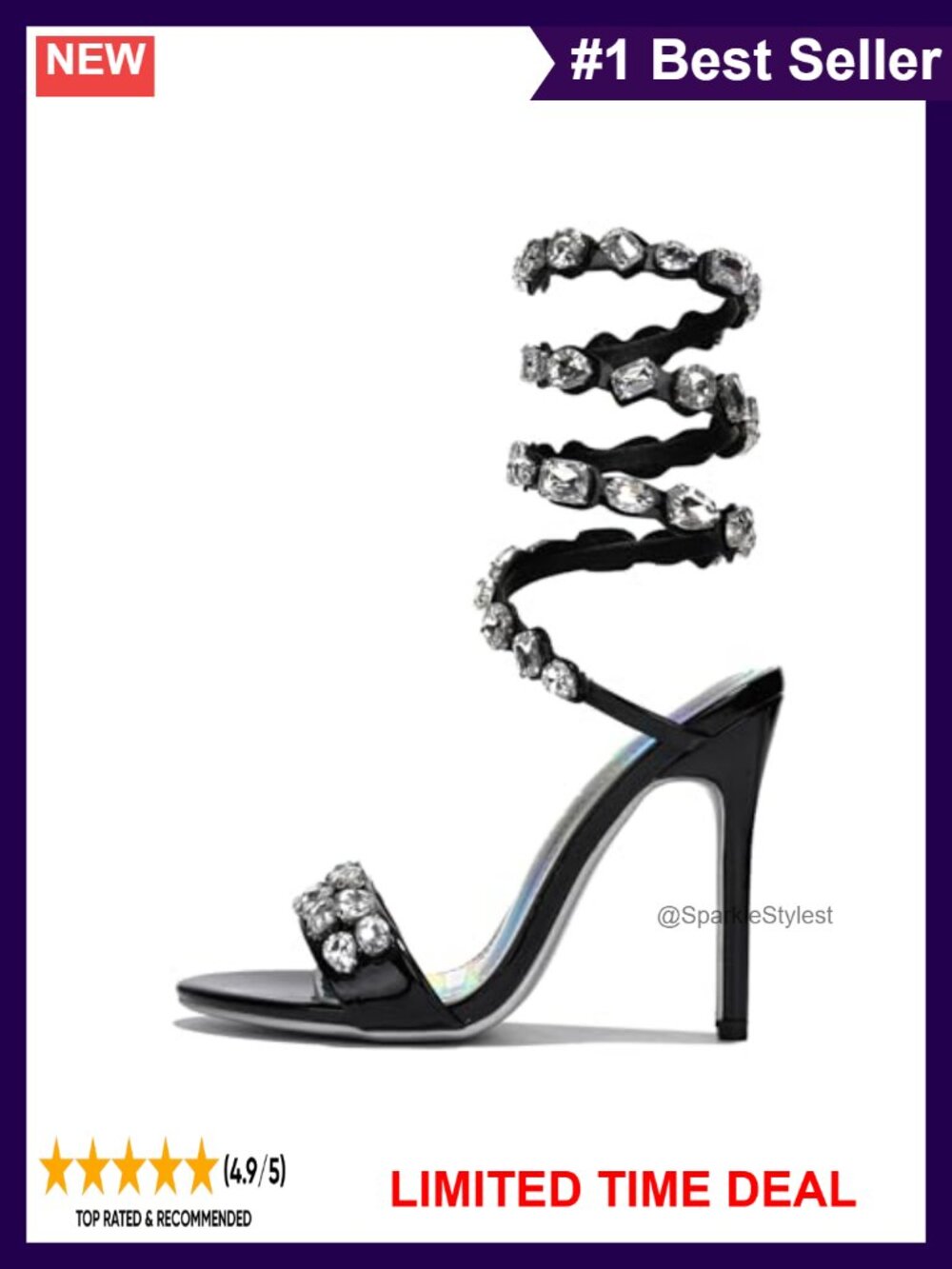 Rhinestone Spiral Coil Ankle Wrap 4 Inch Stiletto Heeled Sandals Open Toe